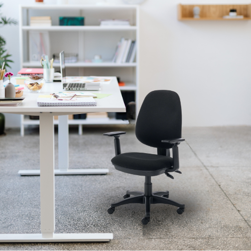 Versi 2 Lever Operators Chair with Adjustable Arms - Ergonomic Office Chair - Adjustable Arms - Black - In a office with a height adjustable desk 